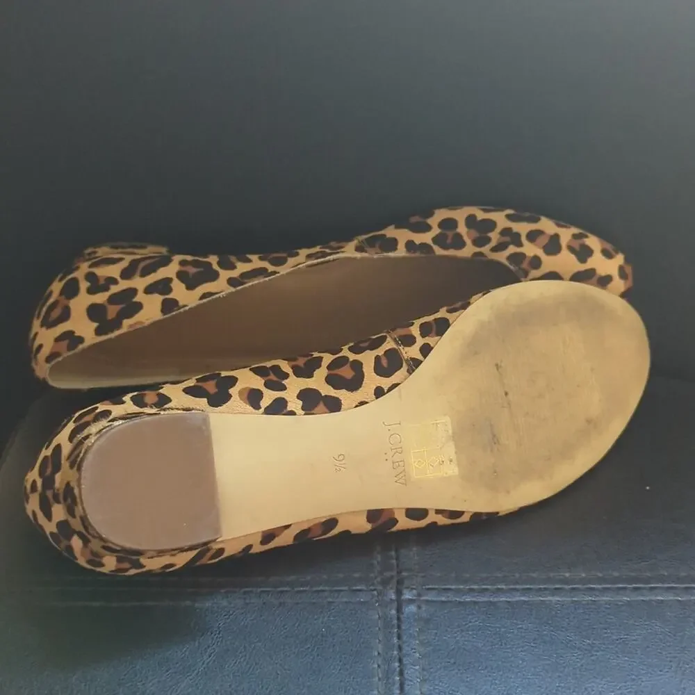 J Crew Lily Leopard Print Calf Hair Leather Chunky Kitten Heel Slip On Shoes